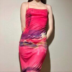 Abstract Print Spaghetti Strap Pink Bodycon Midi Dress